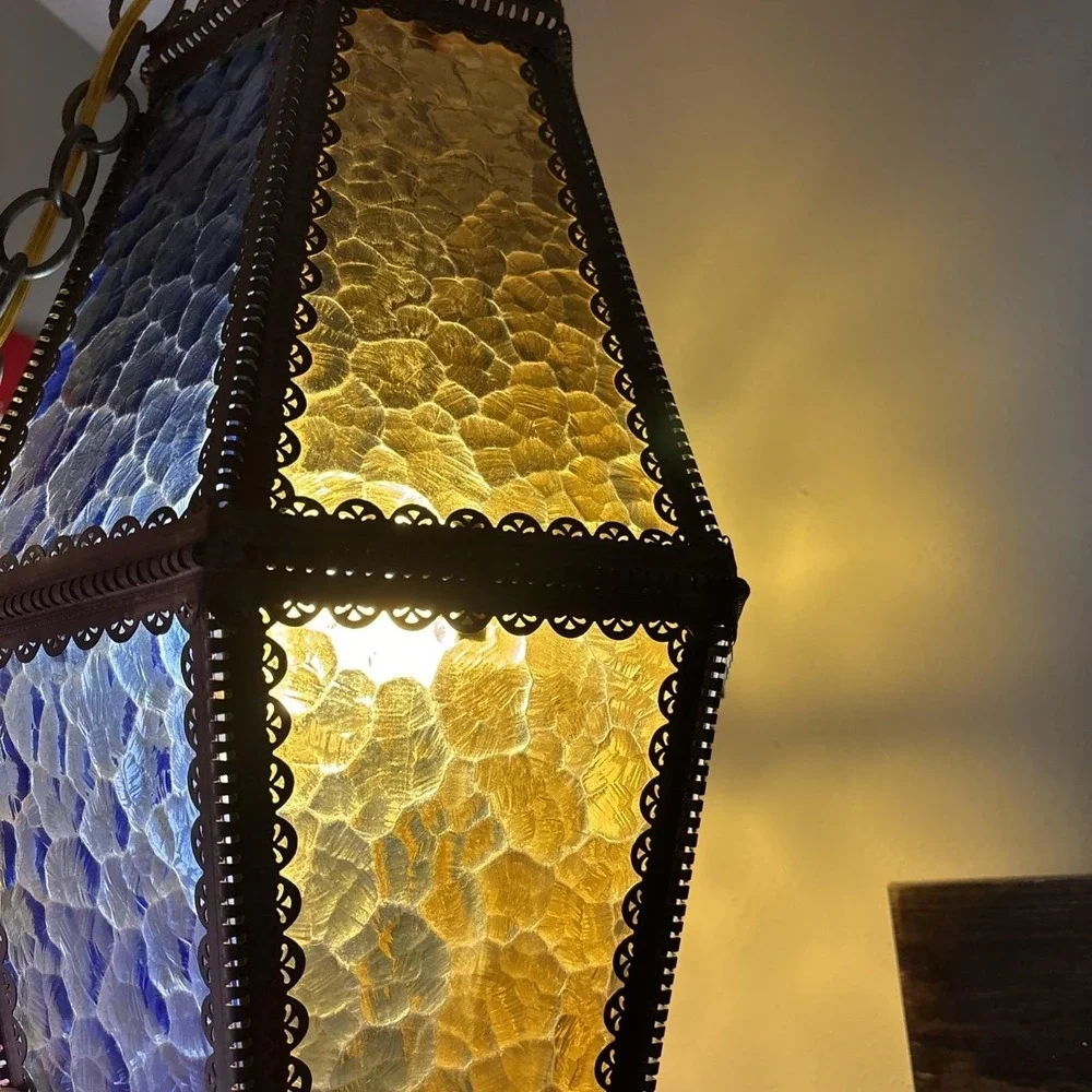 Vtg Mid Century 2 Color Blue Gold Brass Swag Lamp Pendant MCM Hollywood Regency